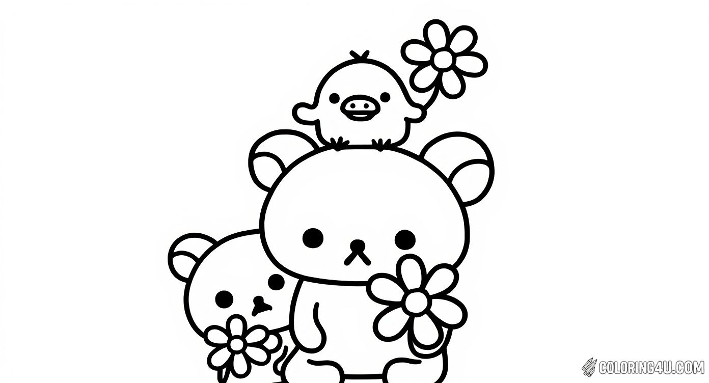 Printable coloring page of Rilakkuma Children With Birds Holding Flowers from the Rilakkuma category.