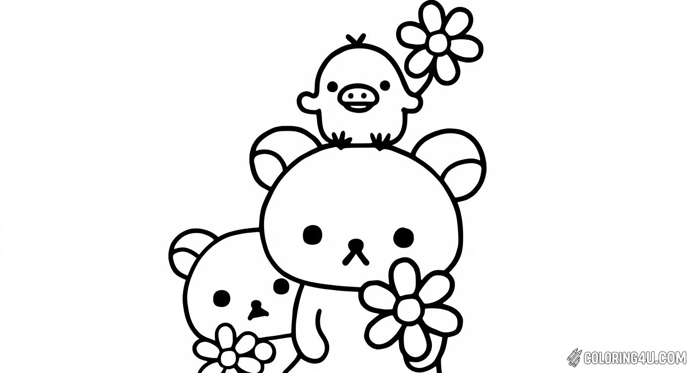 Here is a simple and heartwarming scene of Rilakkuma holding flowers, accompanied by a small chick perched on its head and another bear behind. This lovely picture invites kids to color the characters and flowers, filling the page with cheerful hues and smiles.