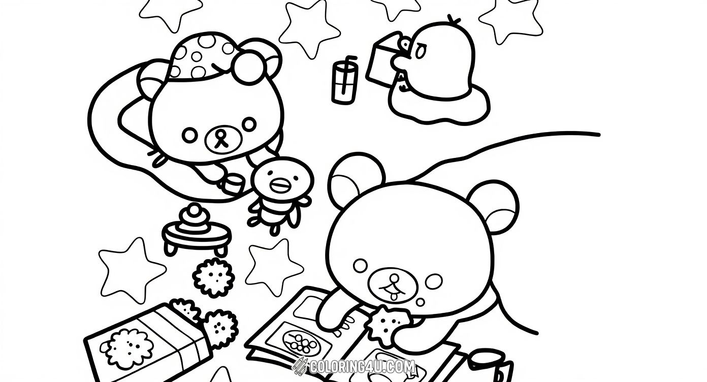 Enjoy a cozy nighttime scene with Rilakkuma and friends as they share snacks and read under a sky filled with stars. This charming coloring page invites kids to bring the characters to life with vibrant colors while imagining a relaxing evening full of friendship and fun.