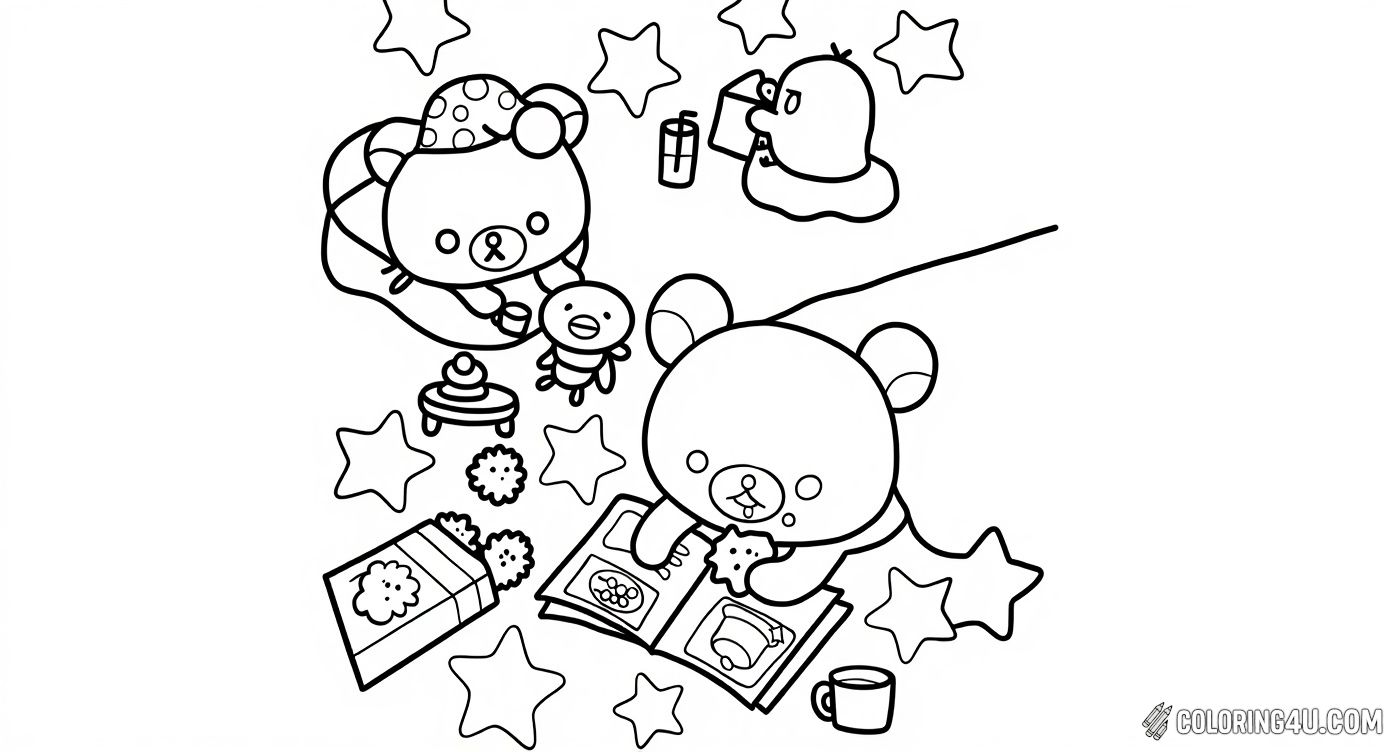 Printable coloring page of Rilakkuma Reading Cookie Snacking Cozy Night from the Rilakkuma category.