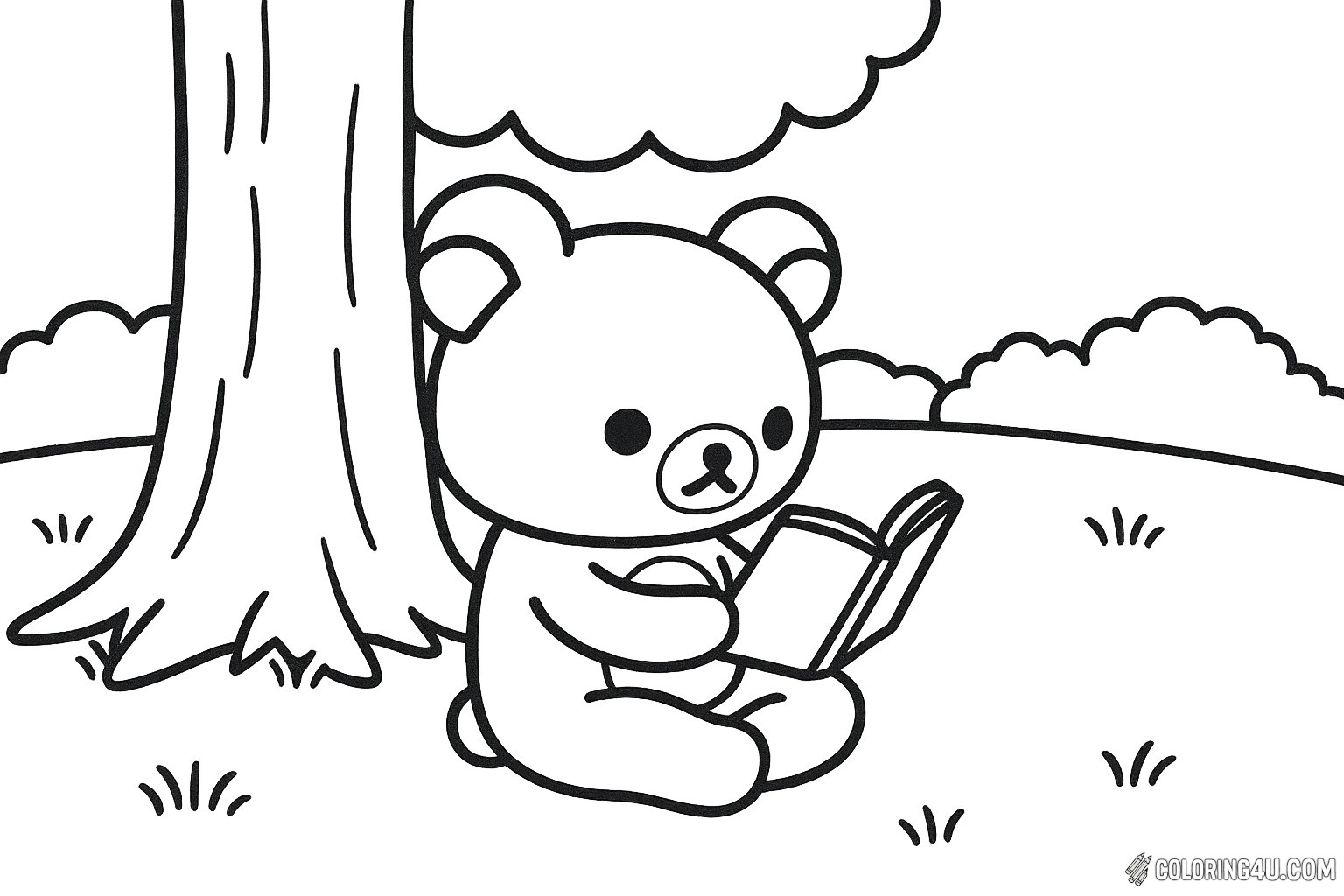 Rilakkuma sits comfortably under a large tree, engrossed in a book. With its round ears and gentle expression, this adorable bear creates a peaceful scene perfect for coloring. Soft clouds float above, and the grassy ground invites creativity. Kids can bring this charming moment to life with their favorite colors while enjoying the tranquility of reading.