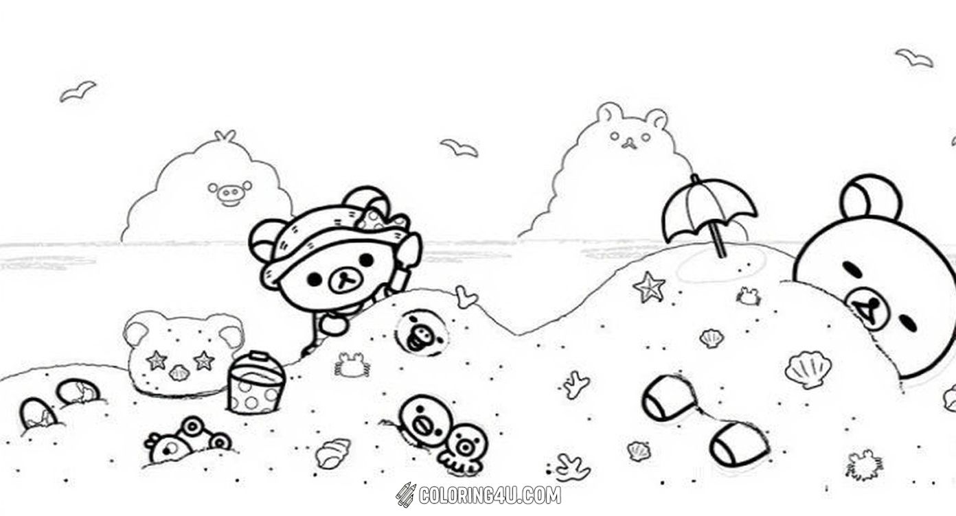 Dive into summer fun with Rilakkuma and friends as they build sandcastles and play on the beach. This lively coloring page features the characters enjoying a sunny day by the sea, inviting kids to use bright colors and let their imagination run wild at the seaside adventure.