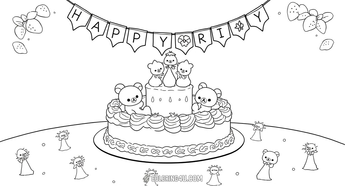 Get ready to color a sweet Rilakkuma strawberry party! This delightful page shows Rilakkuma bears celebrating with a big honey sponge cake decorated with strawberries and jam. Surround yourself with tiny adorable bears and juicy strawberries to bring this festive cake scene to life with colors.