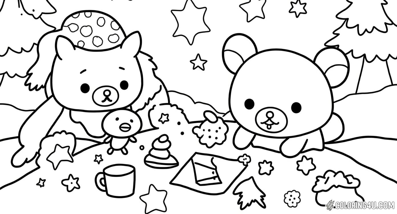 Enjoy coloring this delightful scene where Rilakkuma and friends are cozying up indoors, reading a book and enjoying some snacks. Surrounded by stars and cute little creatures, it’s a perfect page to bring warmth and imagination to life with vibrant colors.