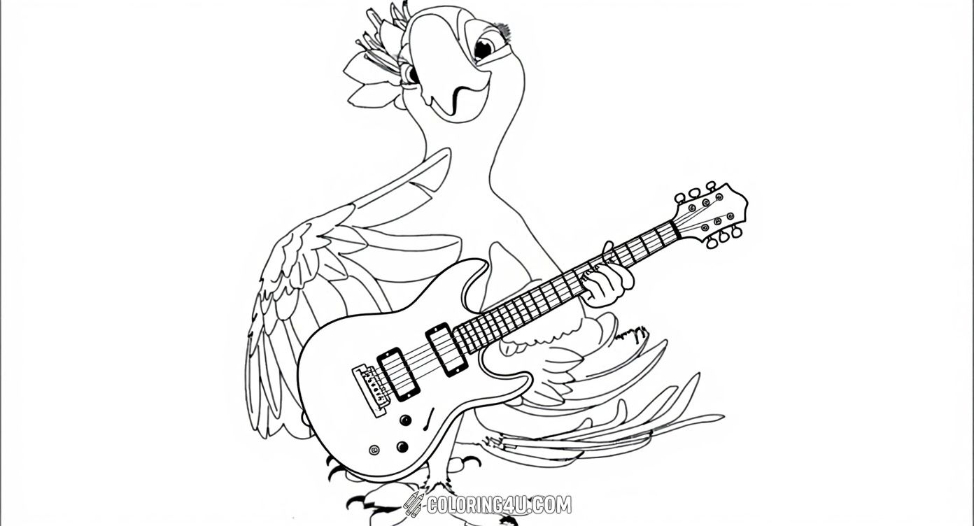 Bring this charming guitar-playing bird from the movie Rio to life with your colors! With a cheeky smile and a flower in her head feathers, she invites kids to have fun and create a musical masterpiece on this delightful coloring page.