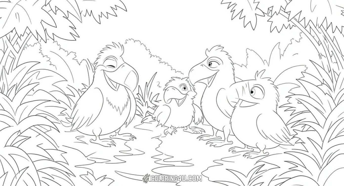 Color a joyful scene featuring the vibrant and friendly birds from the movie Rio, all gathered together in the jungle! This happy group of feathered friends is waiting for your creative touch to sparkle their day with colors and adventure.