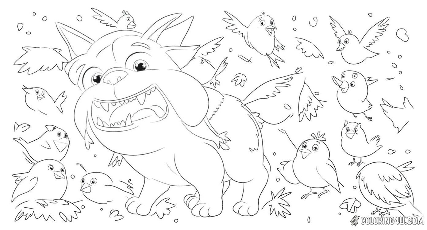 This fun coloring page showcases a joyful bull terrier dog surrounded by colorful birds from the movie Rio. Everyone is celebrating with lots of confetti and streamers, making it a lively and exciting scene for kids to bring to life with bright colors.