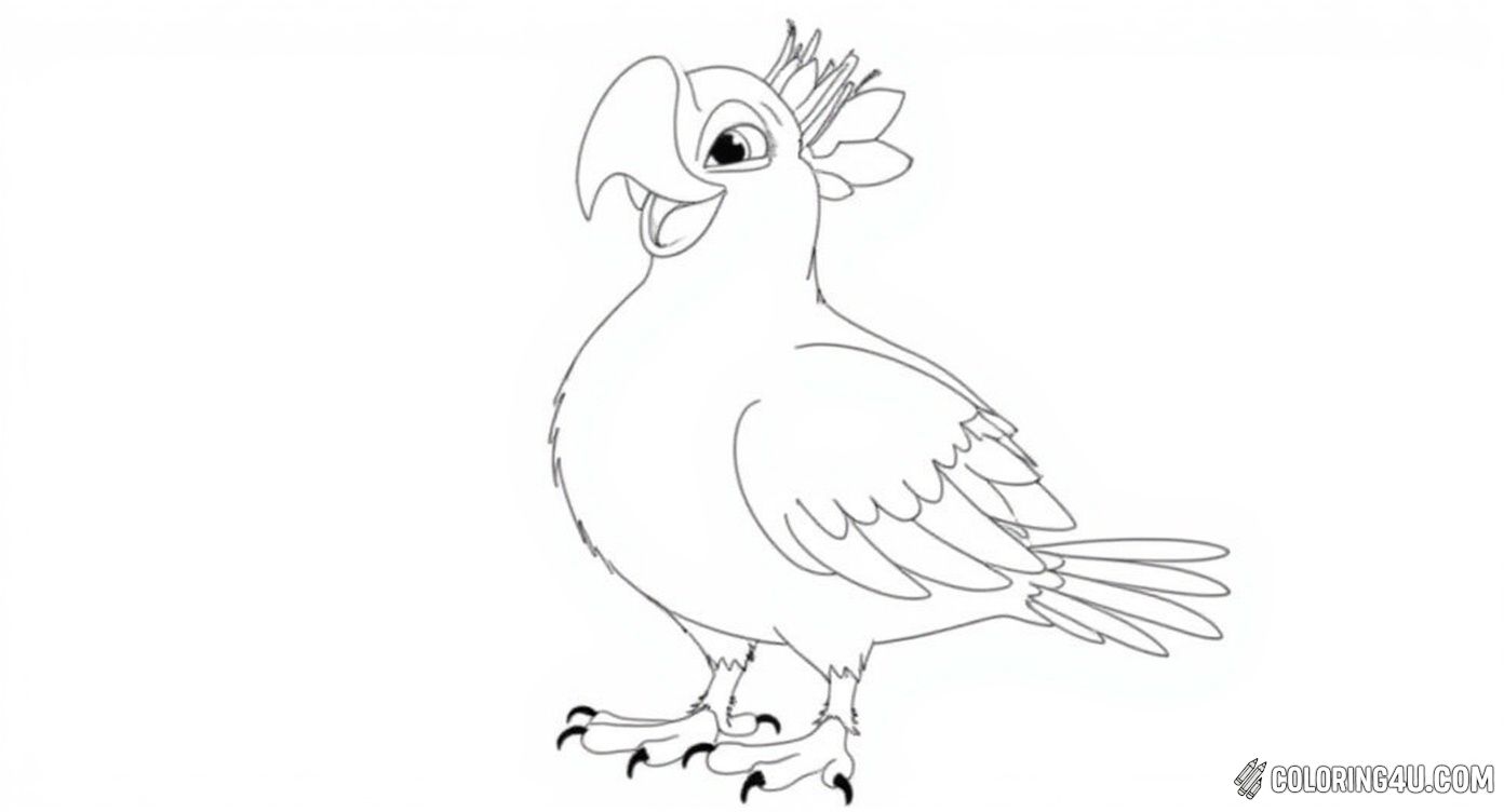 Here is a cute and charming bird character from the movie Rio, standing proudly with a happy expression. Kids will love adding vibrant feathers and playful details to this delightful feathered friend as they color.