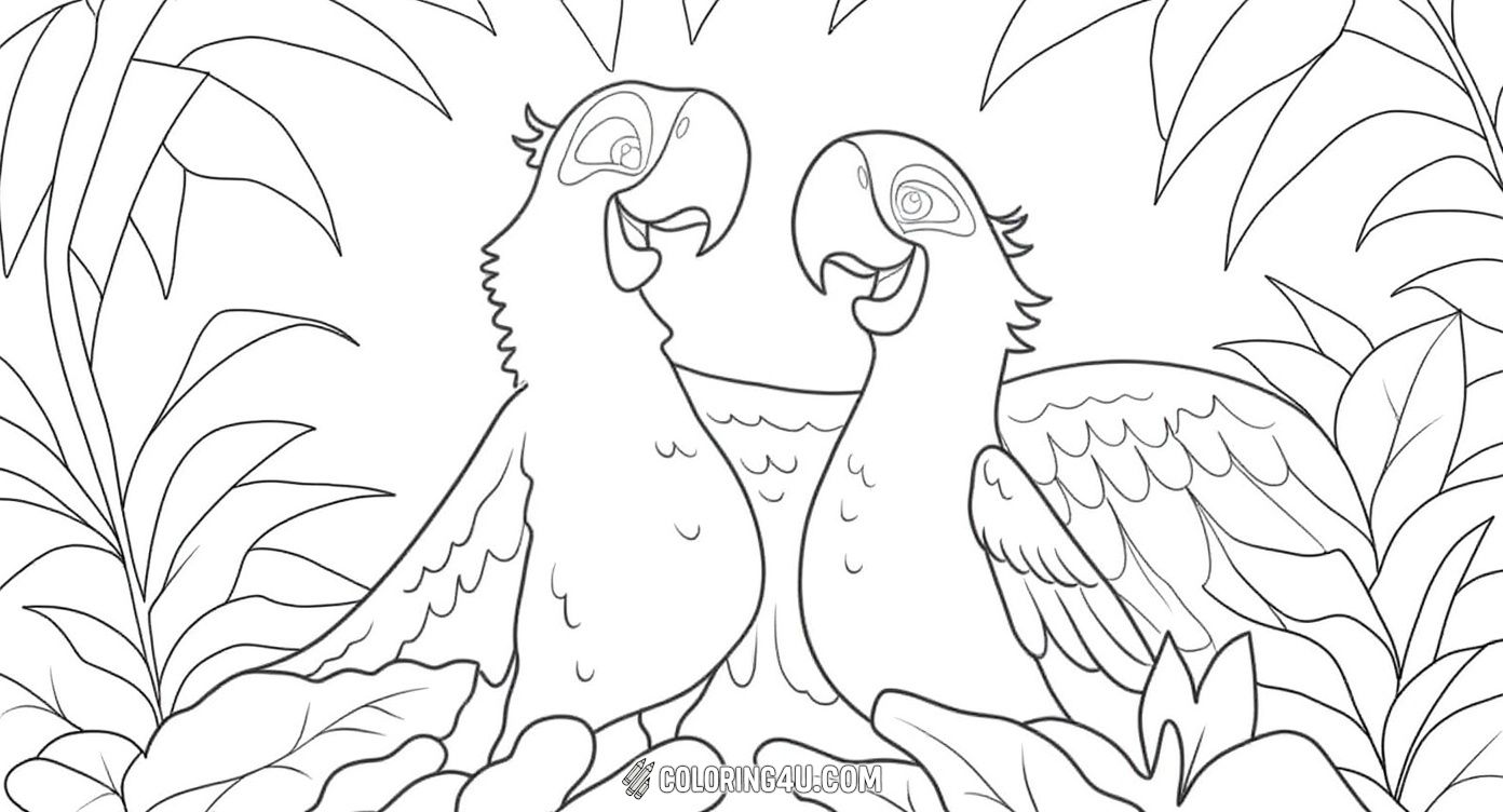 Color these two charming parrots sharing a special moment in the jungle! Surrounded by lush leaves and nature's beauty, this adorable bird duo invites you to bring their lively world to life with your favorite colors.