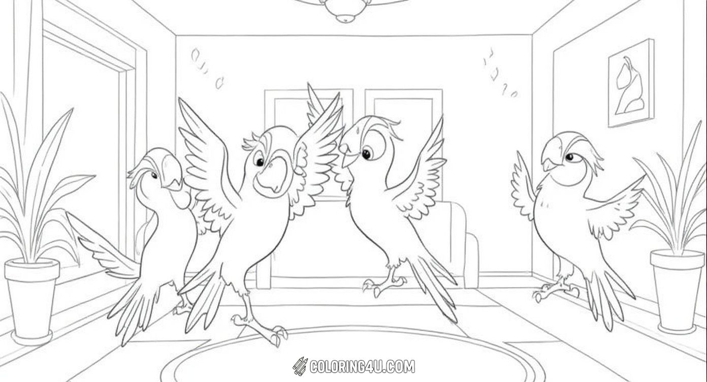 Get ready to color this lively scene of three playful parrots dancing and having fun indoors! Their joyful expressions and dynamic poses make this page a perfect choice for kids who love energetic characters and happy moments.