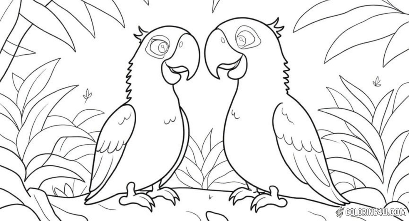 This coloring page features a romantic scene with two adorable parrots sharing a flower in a lush jungle setting, inspired by the movie Rio. Children can enjoy coloring the lovely birds and the detailed jungle leaves while imagining a sweet story of friendship and love.
