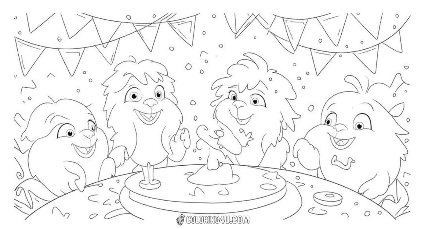 Join the fun with Tut, the lovable bulldog from the movie Rio, as he celebrates with his colorful bird friends! This lively coloring page is filled with excitement, confetti, and happy faces, perfect for kids to bring the party to life with their favorite colors.