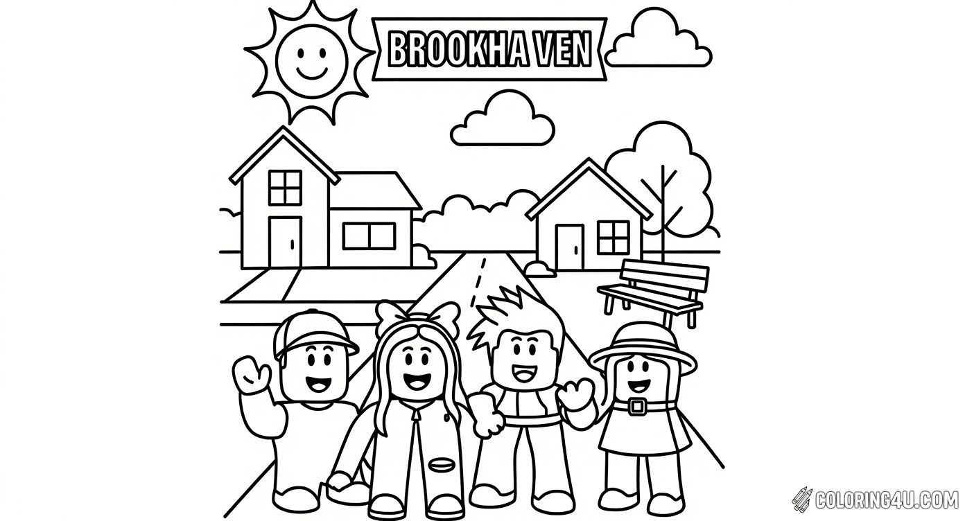 Printable coloring page of Brookhaven Roblox Characters Happy Scene from the Roblox category.