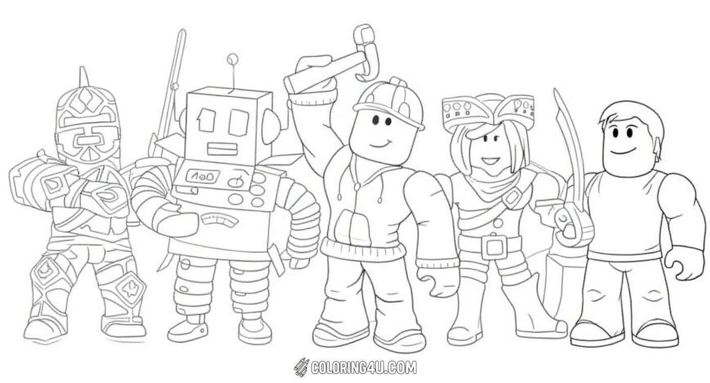 Get creative with this exciting Roblox coloring page featuring a group of diverse characters, including a knight, robot, construction worker, pirate, and a square-headed figure. Each character offers a unique opportunity for kids to explore different colors and designs in the Roblox universe.