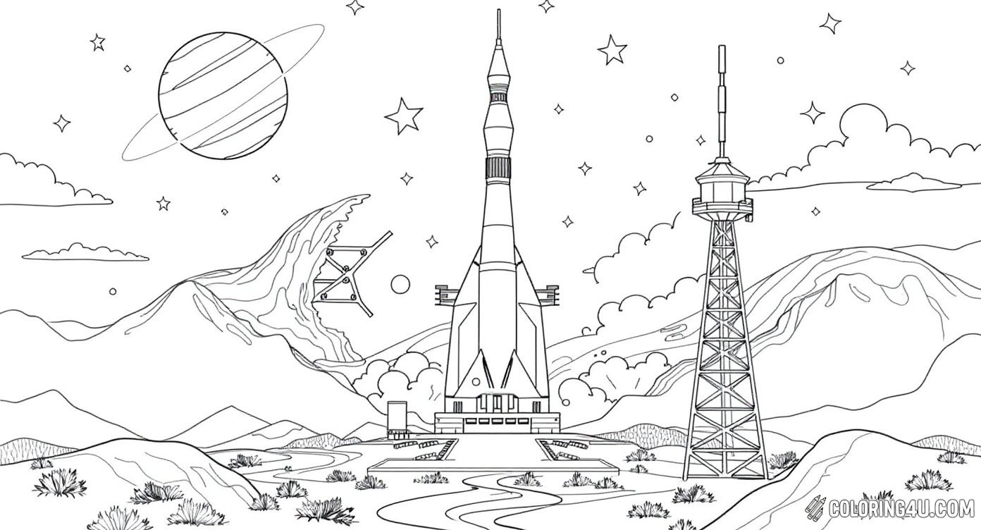 Explore the excitement of a rocket launch with this detailed coloring page featuring a tall space rocket on a launchpad set within a rugged alien landscape. Surrounded by stars and a planet with rings, this scene invites kids to color in an adventurous moment of space exploration while imagining distant worlds and cosmic journeys.