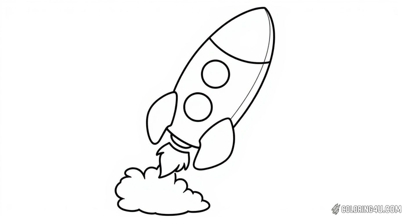 This simple and bold rocket coloring page is perfect for young kids. It features a cute cartoon rocket with two windows and flames coming out of the engine, ready for liftoff into space. Kids will love adding their own bright colors and imaginative touches to this charming space adventure image.