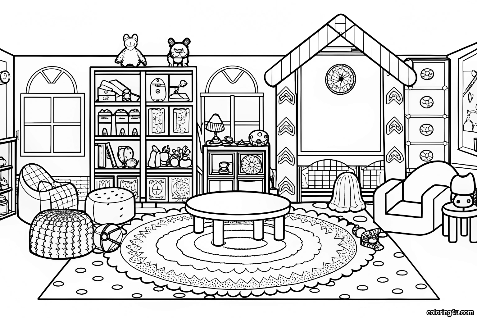 A vibrant children's playroom featuring an engaging layout filled with a variety of furniture and toys. The room includes a colorful rug in the center, surrounded by a small table and chairs designed for kids. A cozy reading nook is present with bookshelves filled with storybooks, plush cushions, and a charming bean bag. The walls are decorated with playful wall art and fun designs. Various toys, such as building blocks, stuffed animals, and educational games, are scattered throughout the space, encouraging imaginative play. There are also a few large storage bins and shelves to keep toys organized. The overall atmosphere is lively, inviting young children to explore and enjoy their imaginative adventures.