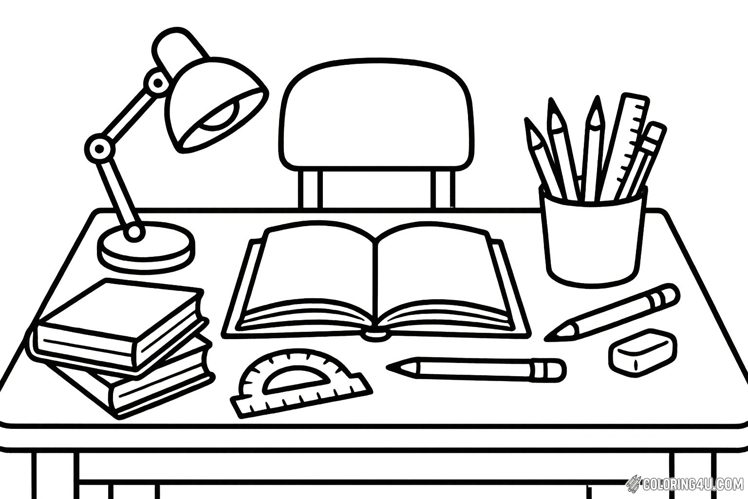 A cozy study desk awaits your creativity! This coloring page features an inviting workspace with an open book, neatly stacked textbooks, and a cheerful lamp casting light over a collection of colorful pencils and a ruler. An eraser and a pen are ready for your artistic touch, making it a perfect scene for kids to explore their imagination while learning.