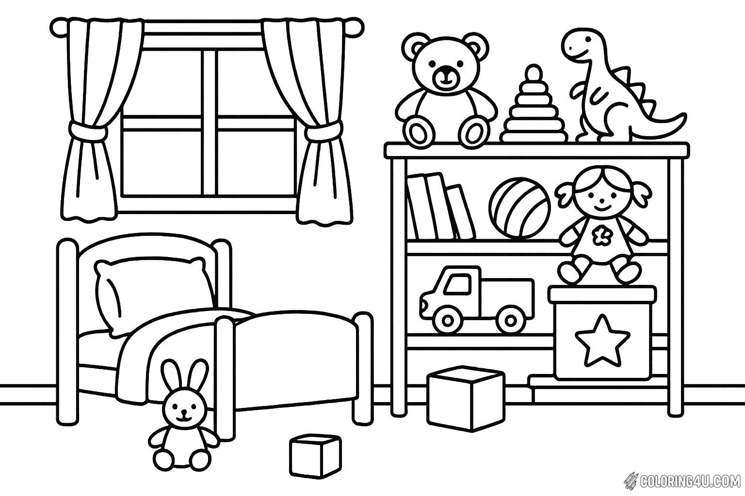 Explore a cozy children's bedroom filled with delightful toys! A cheerful teddy bear and a friendly dinosaur sit atop a colorful toy shelf, while a playful doll awaits on the shelf below. A soft bed with a fluffy pillow invites rest, and a cute bunny rests on the floor among scattered blocks. Bright curtains frame the window, adding warmth to this playful space.