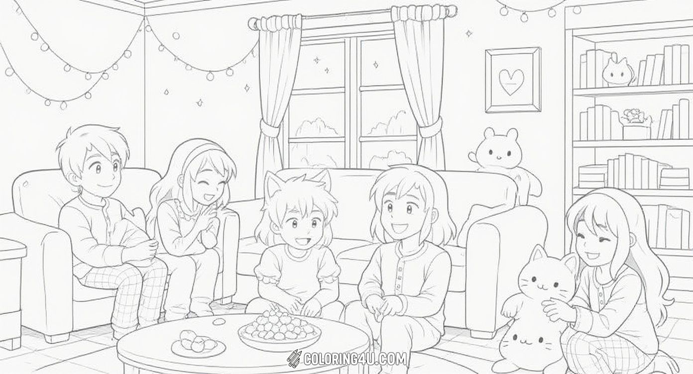 Join these happy kids having a fun pajama party in a cozy living room filled with snacks, games, and cute pillows. They are surrounded by toys and comfy cushions, creating the perfect setting for friendship and laughter. Get ready to color this joyful and lively scene!