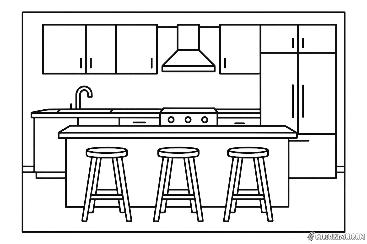 Step into a stylish minimalist kitchen featuring a sleek island with three sturdy bar stools. The spacious countertop invites creativity, while the modern cabinets and appliances provide a clean, organized look. Kids can bring this vibrant kitchen to life with their favorite colors, imagining delicious meals and fun family gatherings in this inviting space.