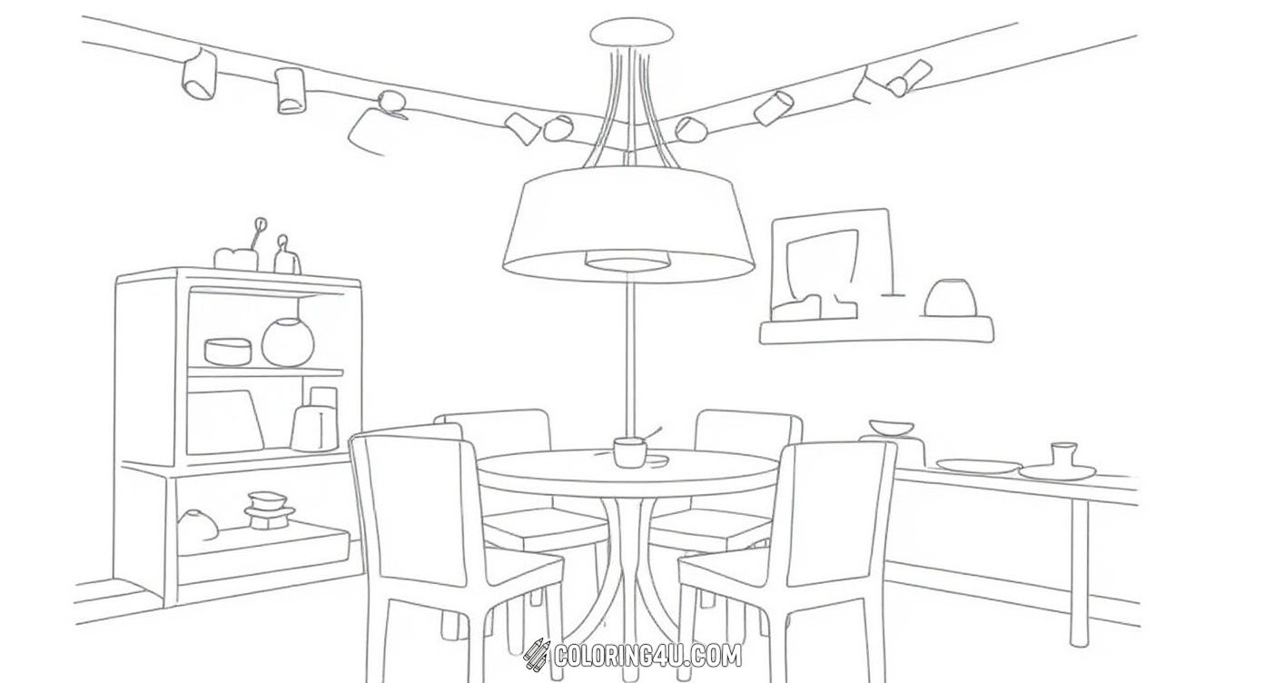 Explore the sleek and stylish adult dining room with a round table and comfortable chairs, illuminated by a contemporary hanging light. Shelves in the background display decorative items, making this space perfect for elegant dinners or family gatherings. Add your colors to bring this chic dining area to life!