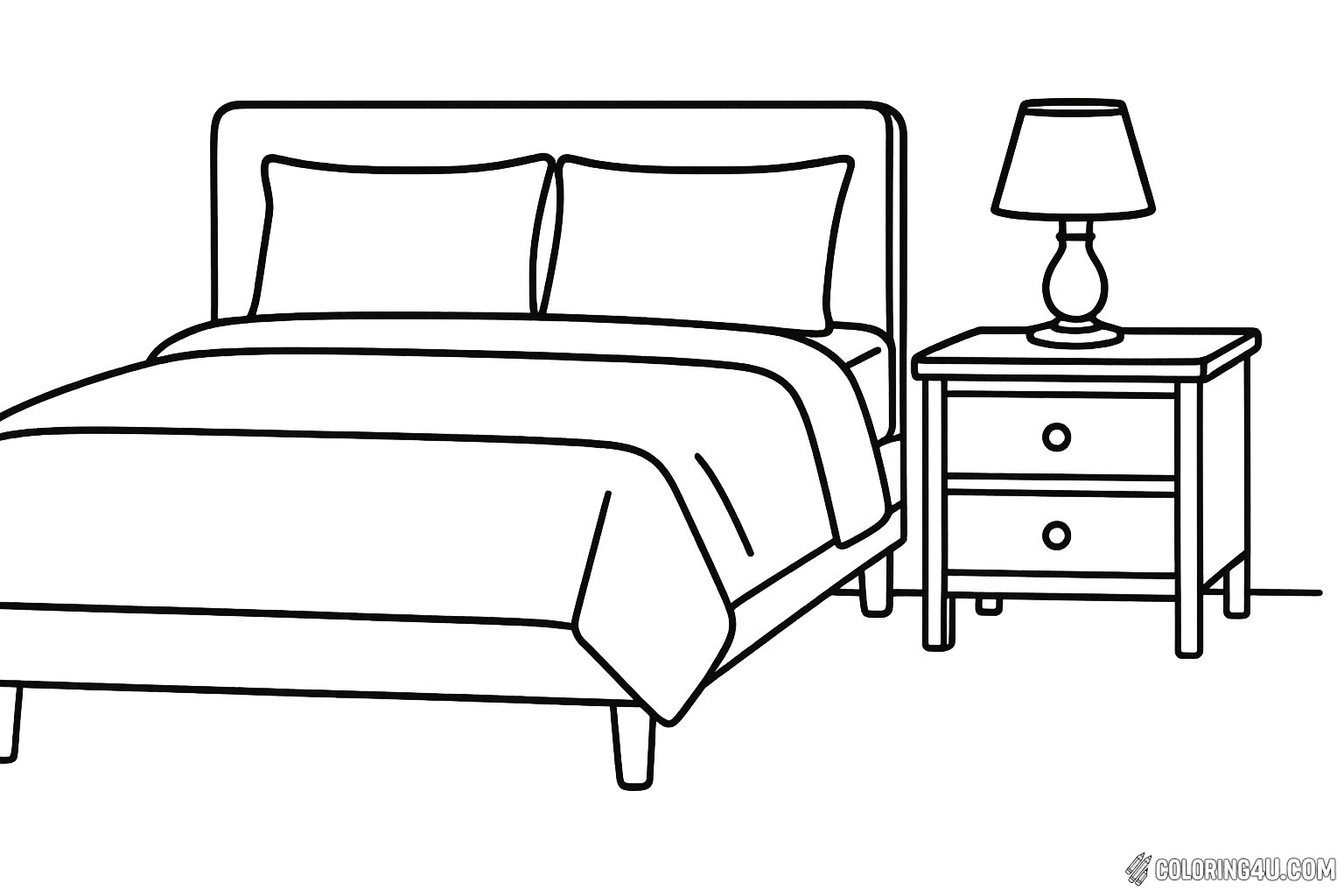 This coloring page features a cozy modern bedroom with a sleek bed adorned with fluffy pillows and a soft blanket. Next to the bed, a stylish bedside table holds a charming lamp, perfect for nighttime reading. Kids can unleash their creativity by adding vibrant colors to this inviting space, making it their own dream bedroom.