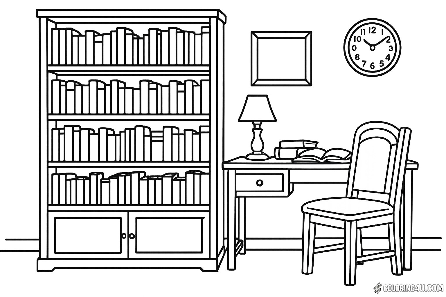 Step into a cozy vintage study room filled with a tall bookshelf brimming with books. A wooden desk sits nearby, adorned with open books and a charming lamp, while a simple clock ticks away on the wall. A single chair invites you to sit and dive into a world of imagination. Color this serene space and bring it to life with your favorite hues!