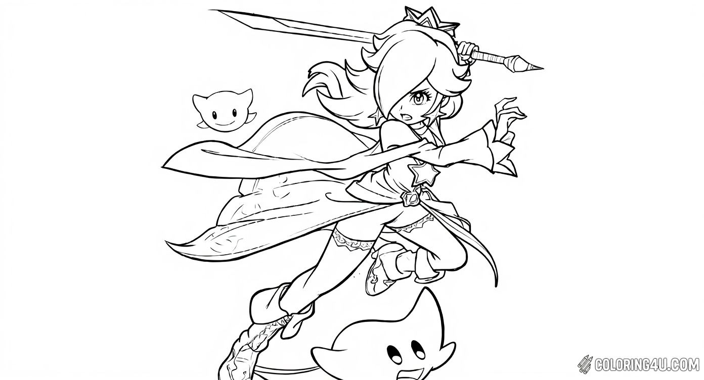 Get ready to bring action and excitement to your coloring with this fierce and dynamic image of Rosalina, the beloved character from the Super Mario series! She is depicted in a powerful battle-ready pose, wielding her iconic star wand with confidence. Kids will enjoy adding vibrant colors to Rosalina and her starry companions as they imagine epic adventures in the galaxy!