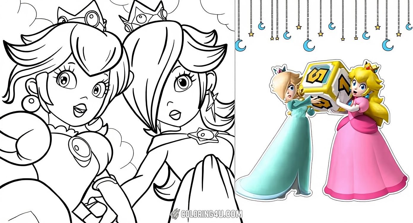 Join Princess Peach and Rosalina together in this charming duo coloring page. Kids can have fun coloring their detailed dresses and crowns while enjoying the friendship and beauty of two beloved characters from the Mario Universe.