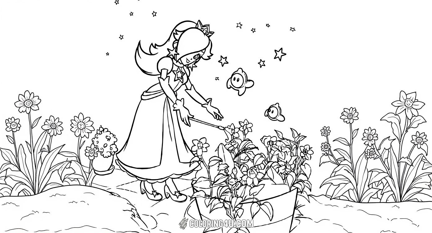 Explore magical gardening with Rosalina in this charming coloring page! Rosalina is tending to a beautiful starry flower garden with floating star-shaped creatures around. This imaginative scene encourages kids to color and dream of magical worlds where stars and flowers bloom together.