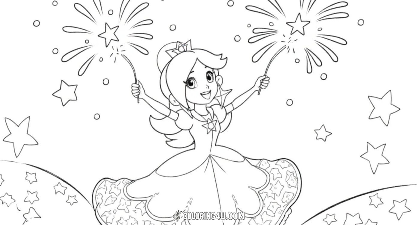 This delightful coloring page shows Rosalina celebrating joyfully with sparklers in her hands, surrounded by stars and fireworks. Kids can have fun bringing this magical moment to life with their favorite colors while imagining the sparkle and shine of a festive night in the galaxy.