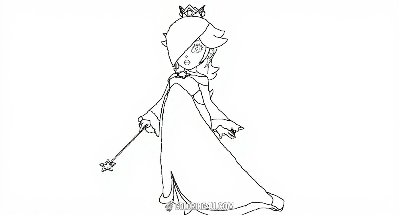 This delightful coloring page features Rosalina, the beloved princess from the Super Mario series, standing gracefully and holding her magical wand. Kids can have fun bringing this elegant character to life with their favorite colors while imagining her magical adventures in the stars.