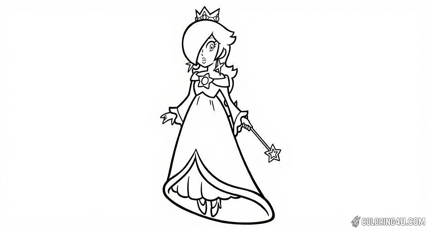 This charming coloring page features Rosalina from the Super Mario universe standing gracefully with her magic star wand. The simple yet elegant design invites kids to use their creativity to color her royal attire and sparkling crown. Perfect for younger artists, this image captures the magical essence of Rosalina, making coloring fun and enchanting!