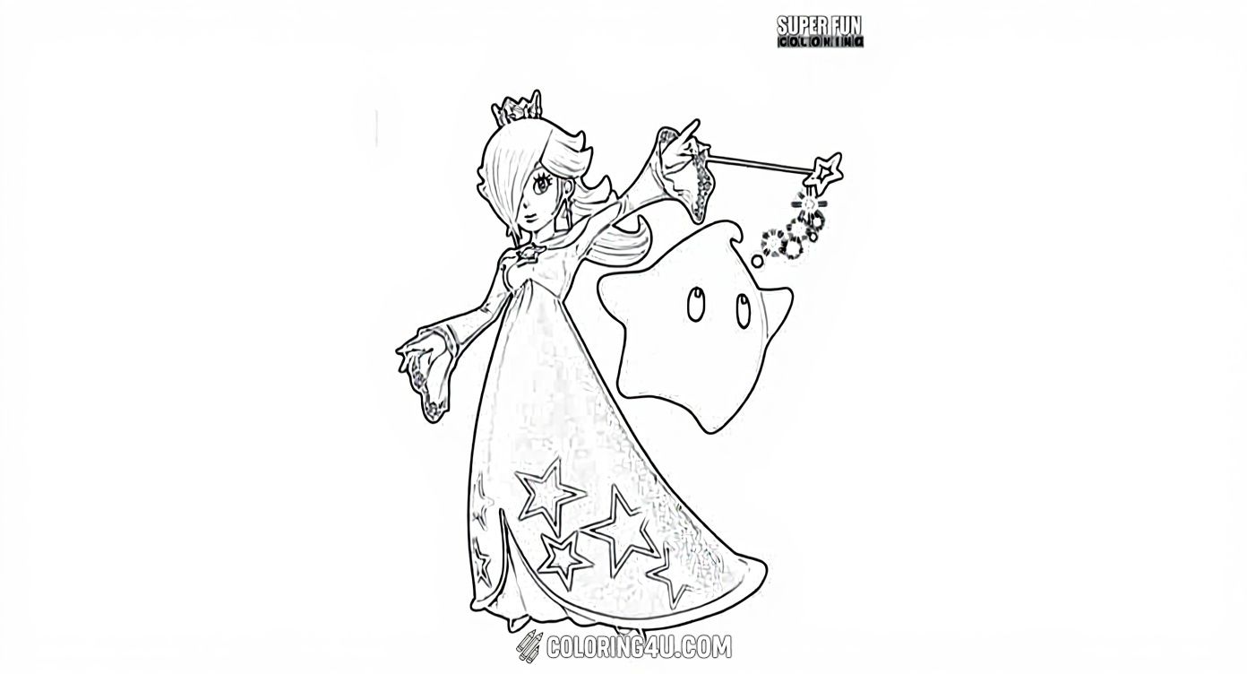 Color the elegant Rosalina from the Super Smash Bros. game holding her star wand with a cute Luma by her side. This coloring page invites kids to explore their creativity while bringing to life one of their favorite video game characters in action!