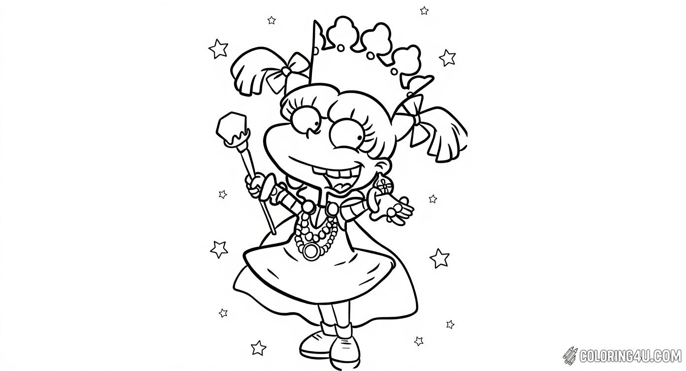 Bring Angelica to life as a royal queen in this fun Rugrats coloring page! Wearing her crown and holding a scepter, Angelica is ready to rule with her signature smile. Kids will enjoy coloring this regal and playful scene inspired by one of the most memorable characters from the Rugrats show.