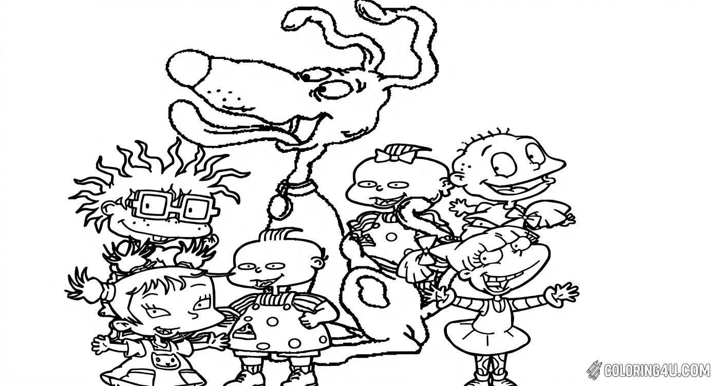Color the classic Rugrats characters gathered in one place with their loyal dog Spike! This exciting coloring page showcases the iconic babies and their friends, making it a great way for kids to explore the charm and friendship of the beloved Rugrats series.