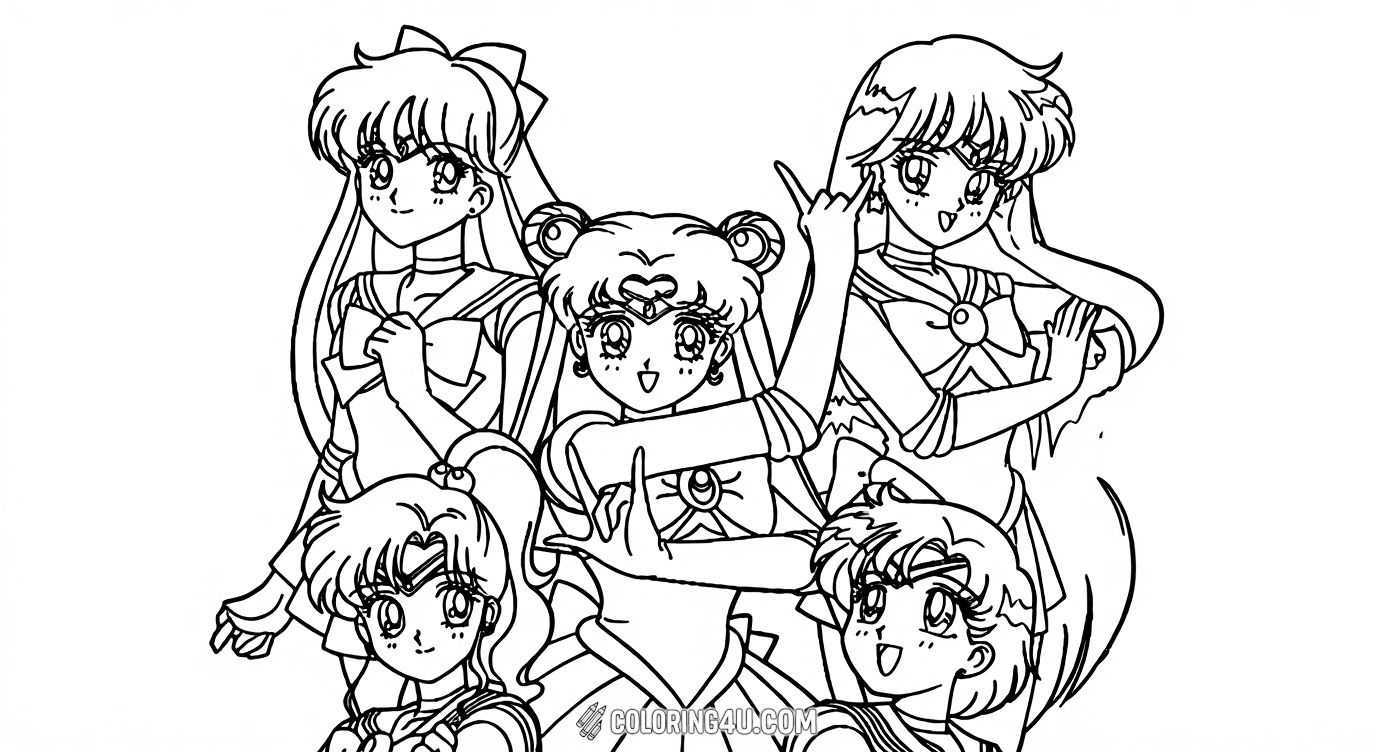 Color in this exciting group scene featuring Sailor Moon and her team of Sailor Scouts ready for action! Each character has their unique style and pose, making this page a fun challenge for kids to bring their favorite magical heroes together in vibrant colors.