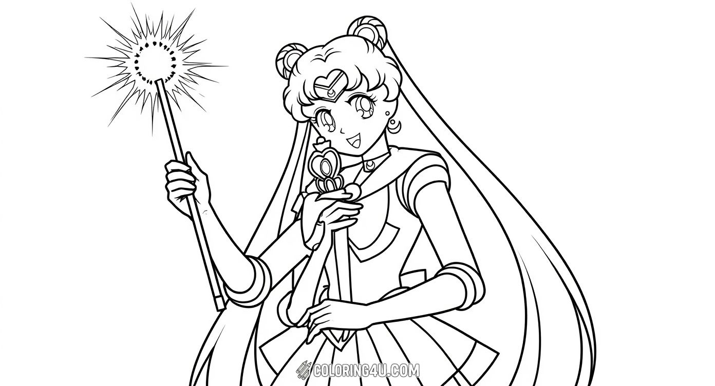 Join Sailor Moon, the brave and kind-hearted guardian of love and justice, as she holds her magical wand ready to protect the world. This coloring page captures her confident smile and iconic hairstyle, inviting kids to bring her magical powers to life with vibrant colors.