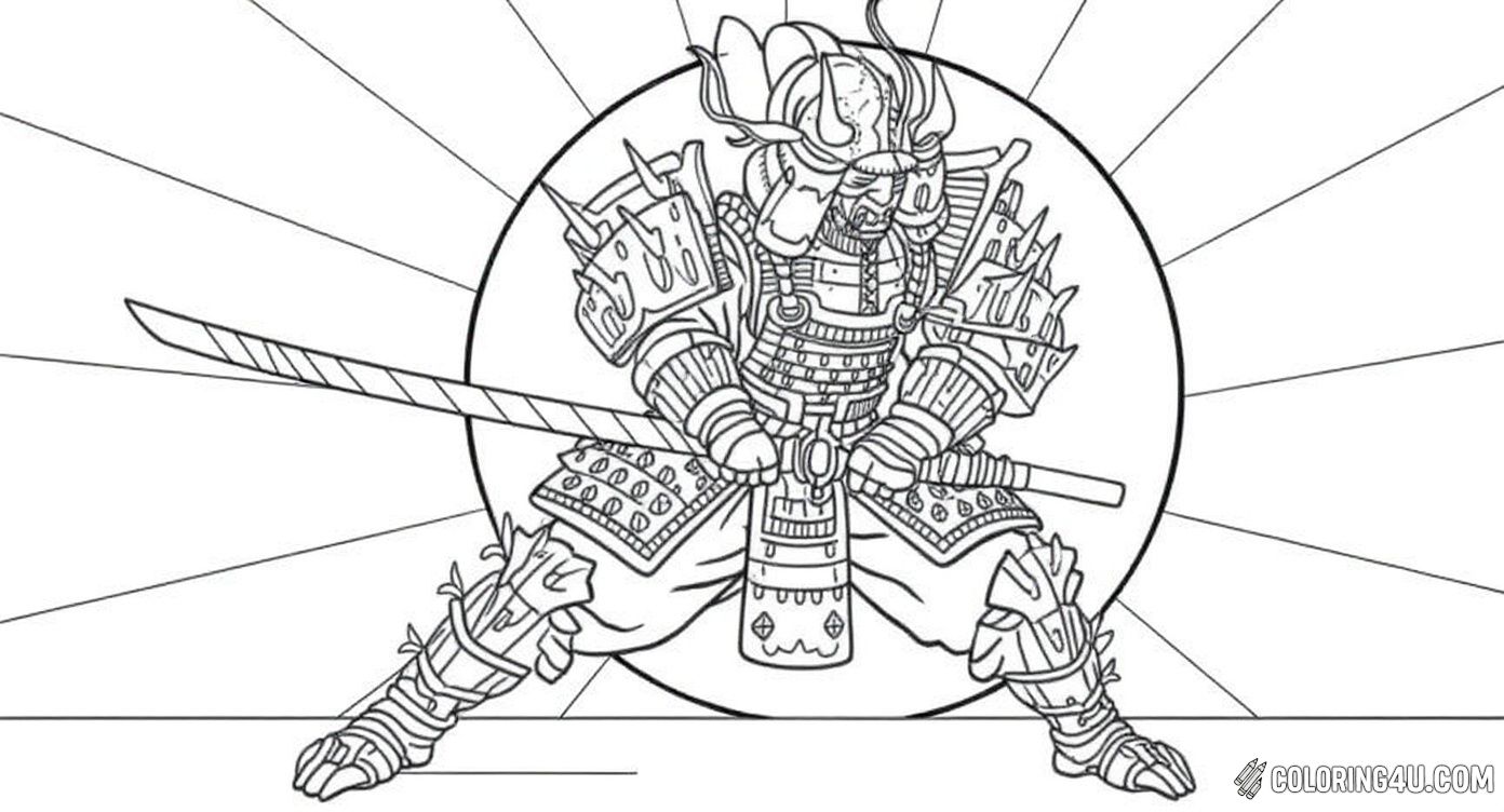 Here is an exciting coloring page of a fully armored samurai, ready for battle with his sword drawn and a fierce fighting stance. The intricate armor details and the large sun behind him create a dramatic scene that kids will love coloring and imagining epic samurai adventures.