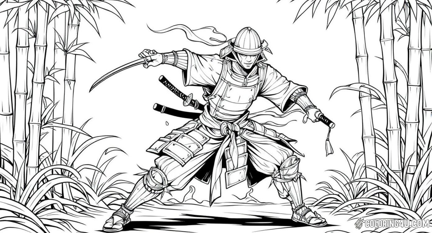 This action-packed coloring page shows a dynamic samurai warrior wielding his sword in a powerful pose amidst a bamboo forest. Kids can enjoy coloring the flowing ribbons and detailed armor while exploring the energy and courage of this fearless samurai in the wild.