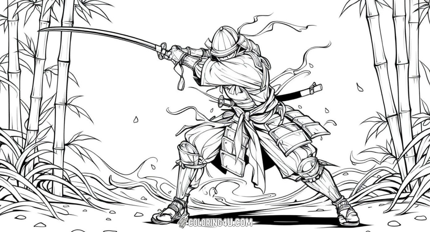 This exciting coloring page shows a dynamic samurai warrior in the midst of a powerful sword swing. Dressed in armor with flowing ribbons and standing among tall bamboo stalks, this scene is full of energy and movement. Kids will love adding vibrant colors to the samurai’s armor and the surrounding forest environment.