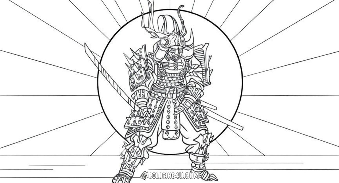 This coloring page features a fearless samurai warrior standing confidently with a sharp sword in his hands. The samurai is dressed in full traditional armor, complete with a horned helmet, ready for battle. Behind him, a large rising sun adds a dramatic backdrop, perfect for kids to bring to life with bright and bold colors.
