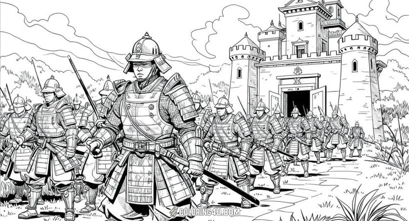 In this thrilling coloring scene, a samurai commander stands tall, leading his army toward a grand castle. Kids can color this action-packed moment and bring to life the excitement and courage of samurai warriors preparing for an epic battle.