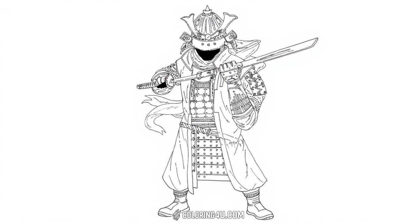 This exciting coloring page shows a brave samurai warrior holding his sword, dressed in traditional armor with a flowing cape. Kids can have fun bringing this strong and noble samurai to life with colors as they imagine him ready for adventure!