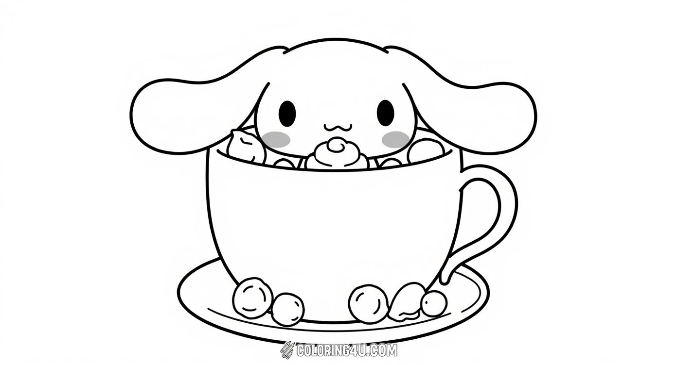 Here is a sweet and simple coloring page featuring Cinnamoroll, the cute white puppy from Sanrio, sitting inside a large teacup. Cinnamoroll is holding a small cupcake and is surrounded by a spoon and candy on the saucer. This image invites kids to color a cozy and happy tea-time moment with one of their favorite characters.