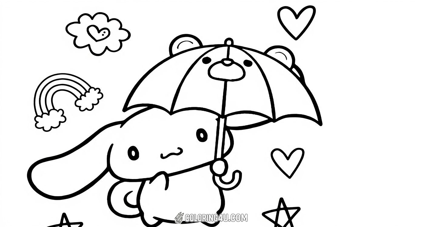 Join Cinnamoroll as he cheerfully holds an umbrella decorated with a bear face on a rainy day. With a lovely rainbow and hearts all around, this charming Sanrio coloring page invites kids to brighten up the scene with beautiful colors and spread happiness.