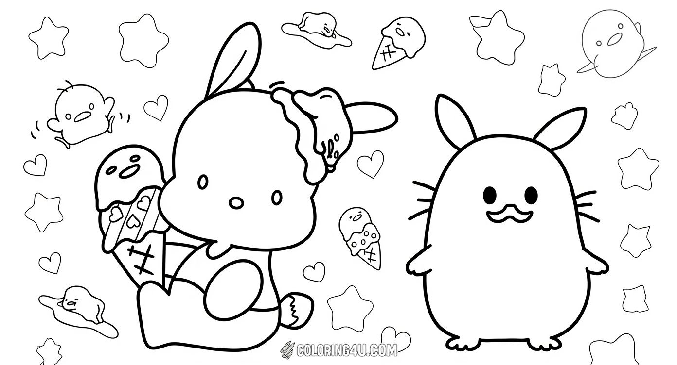 Dive into the delightful world of Gudetama and Pompompurin as they enjoy delicious sweets like ice cream! This fun and adorable coloring page is filled with cute hearts and stars, perfect for kids who love Sanrio characters and want to bring them to life with bright colors.