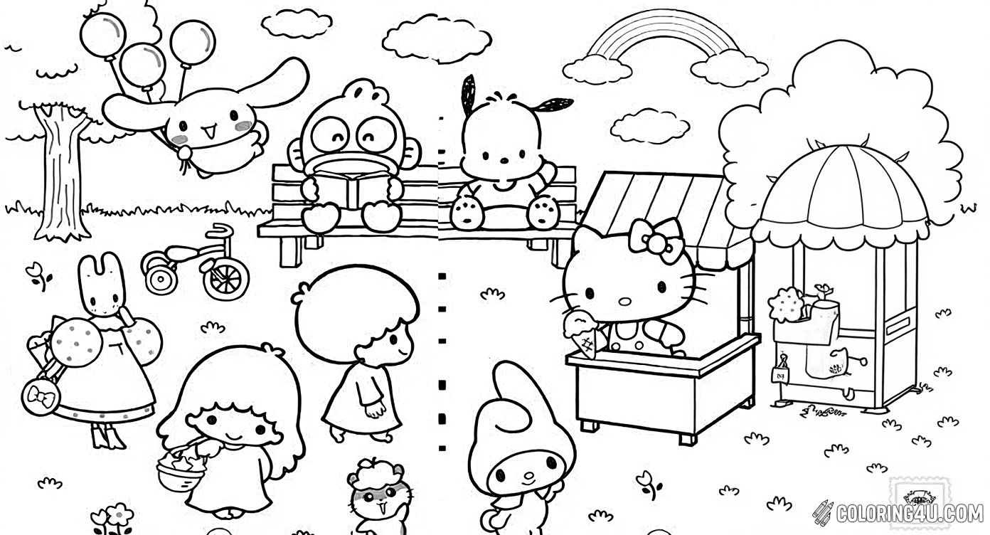 This delightful coloring page features Hello Kitty and her charming Sanrio friends enjoying a sunny day outdoors. Hello Kitty is serving ice cream at a cute stand decorated with balloons, while her friends sit on a bench and play nearby under a rainbow. Kids will love adding vibrant colors to this fun scene filled with friendship and joyful play.
