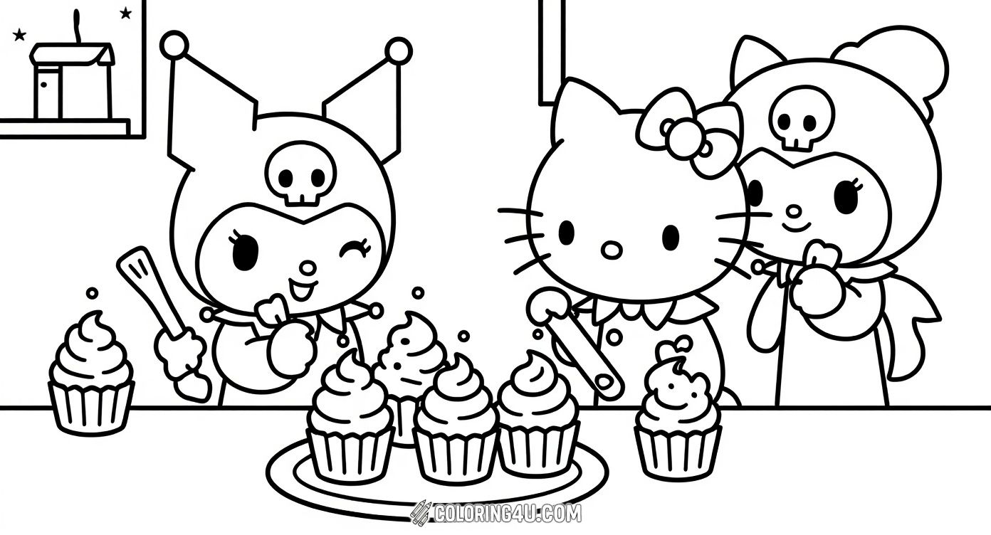 Join Hello Kitty, Kuromi, and My Melody in this fun kitchen scene where they are busy baking cupcakes together! Hello Kitty is sprinkling toppings on the cupcakes while Kuromi excitedly holds a piping bag. My Melody, dressed in a cute bunny costume with little wings, watches happily. This coloring page invites kids to imagine a joyful baking adventure with these playful Sanrio friends.